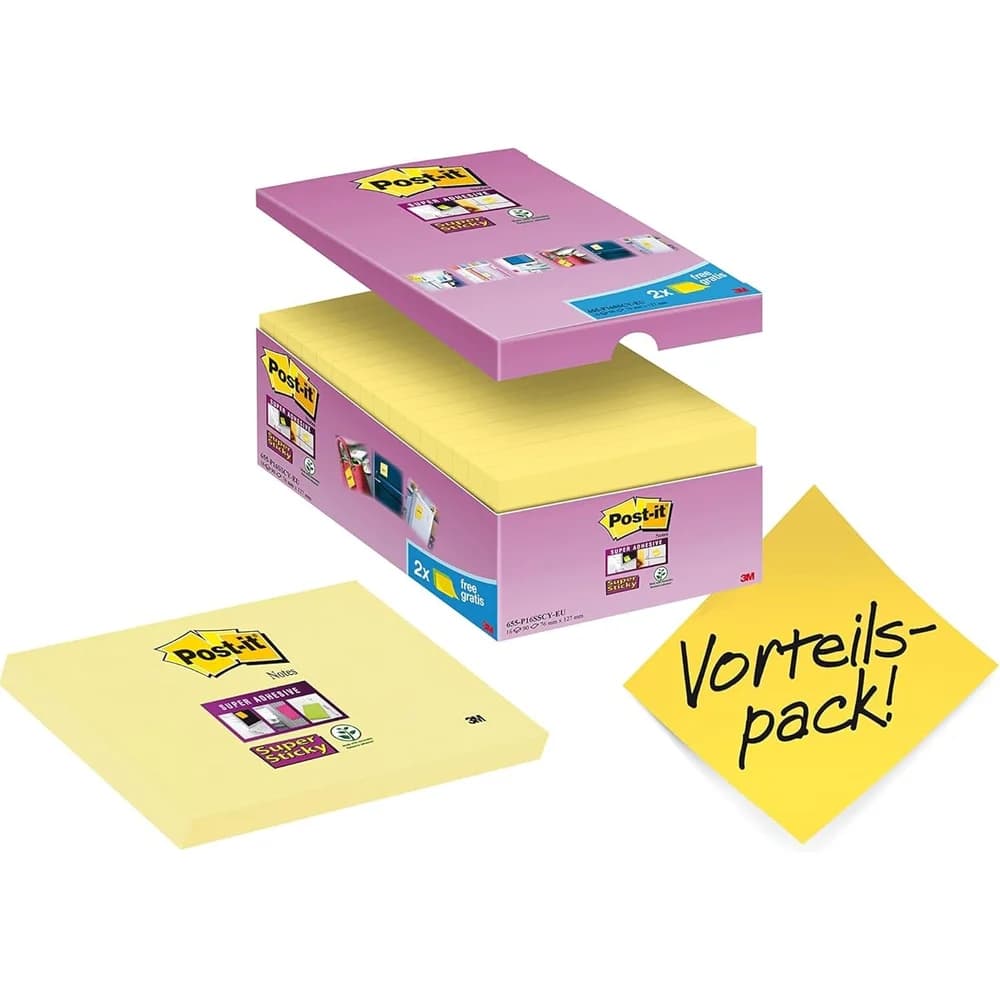 3M Post-it Super Sticky Notes 65516SYP, 127 mm x 76 mm, gelb, 16 Blöcke à 90 Blatt
