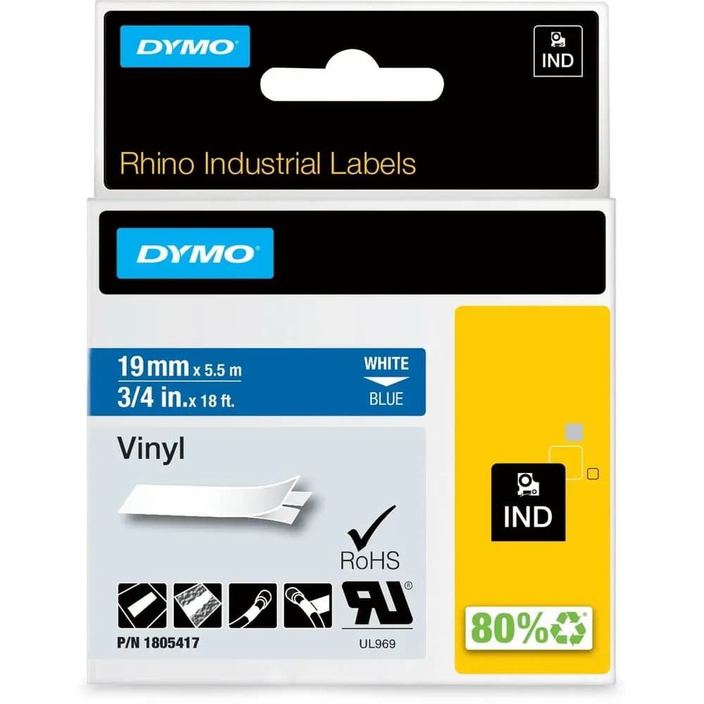 DYMO RHINO Vinyl-Schriftband weiß/blau, 19 mm x 5,5 m