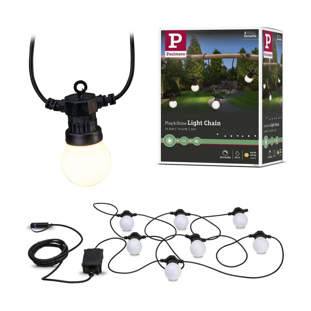Plug & Shine LED Lichterkette Warmweiß IP44 7x0,2W Weiß