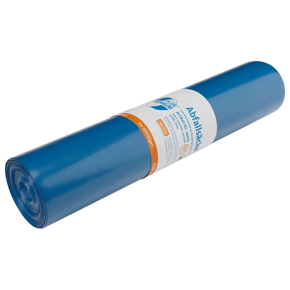 Deiss Müllbeutel PREMIUM PLUS®, 120 Liter, 25 Stück/Rolle, Flachsack blau