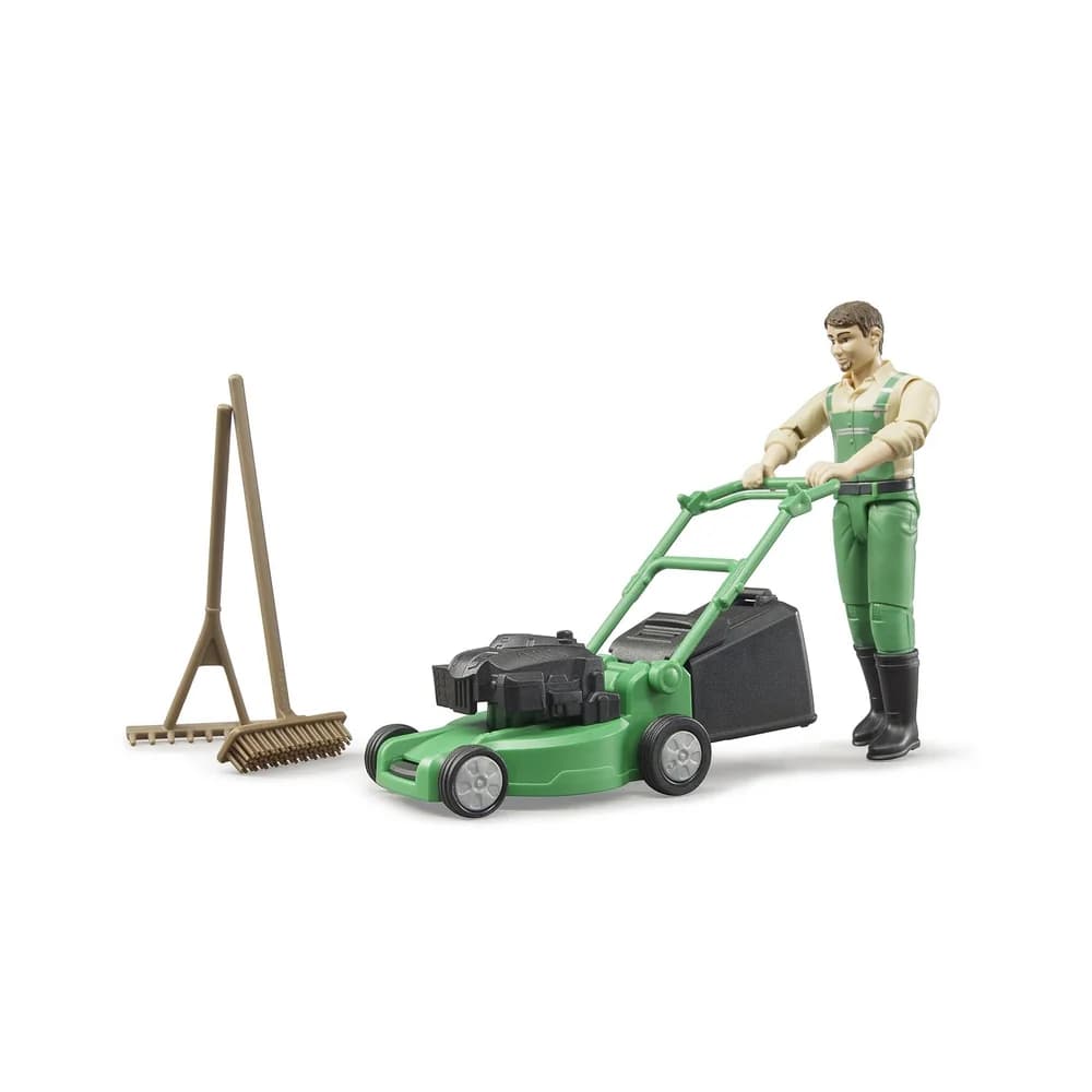 Bruder® Spielfigur 62103 Gärtner mit Rasenmäher und Gartengeräten