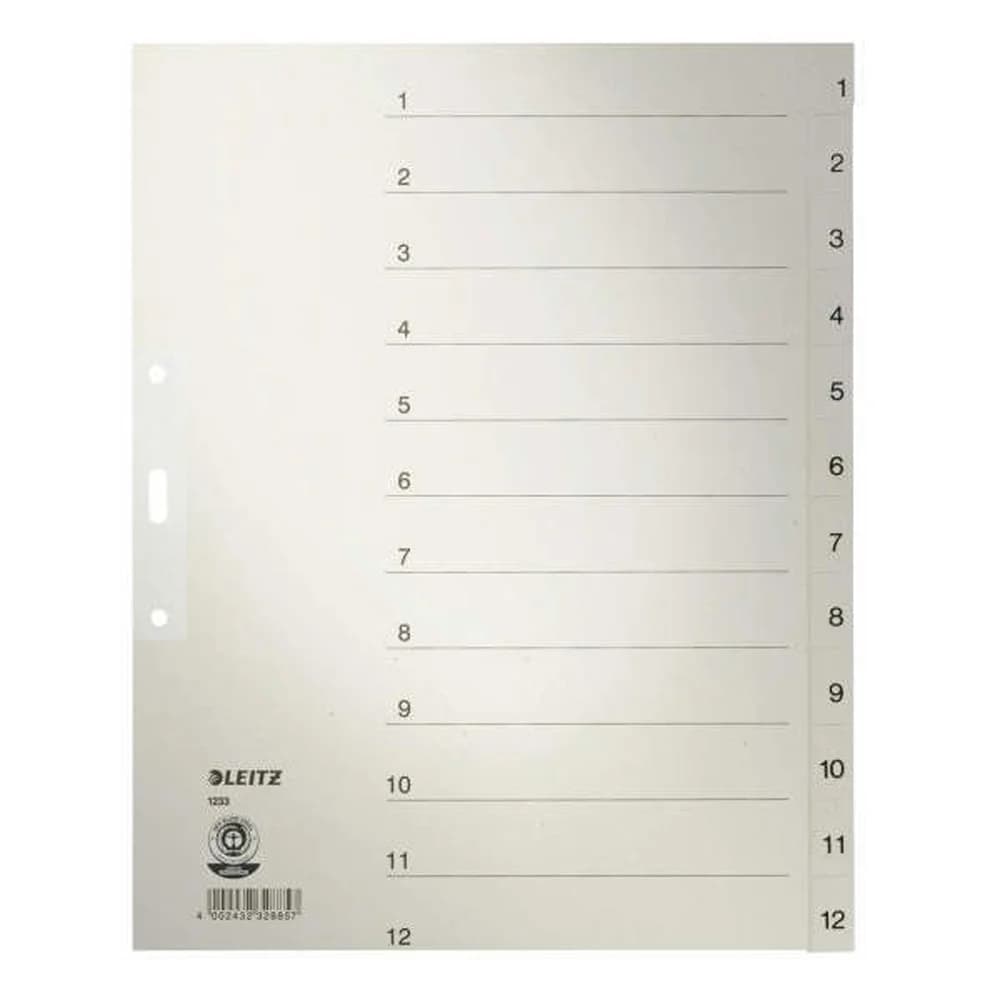 Leitz Papierregister, Zahlen/1233-85, grau, 1-12, A4, 240mm, 300mm