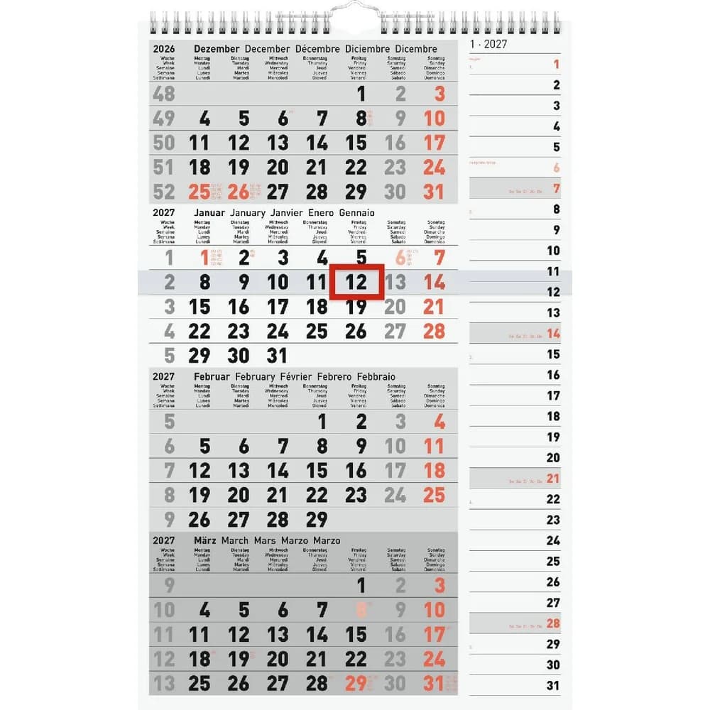 Baier & Schneider Buchkalender rido/idé 7033430007 4-Monatskalender 2027 grau, 300×490 mm