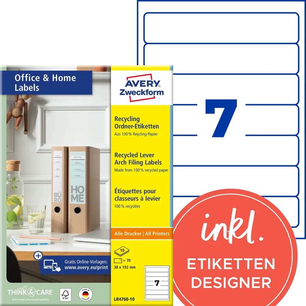 Avery Zweckform 70er-Pack Recycling Ordner-Etiketten 38 x 192 mm weiß, 5 cm