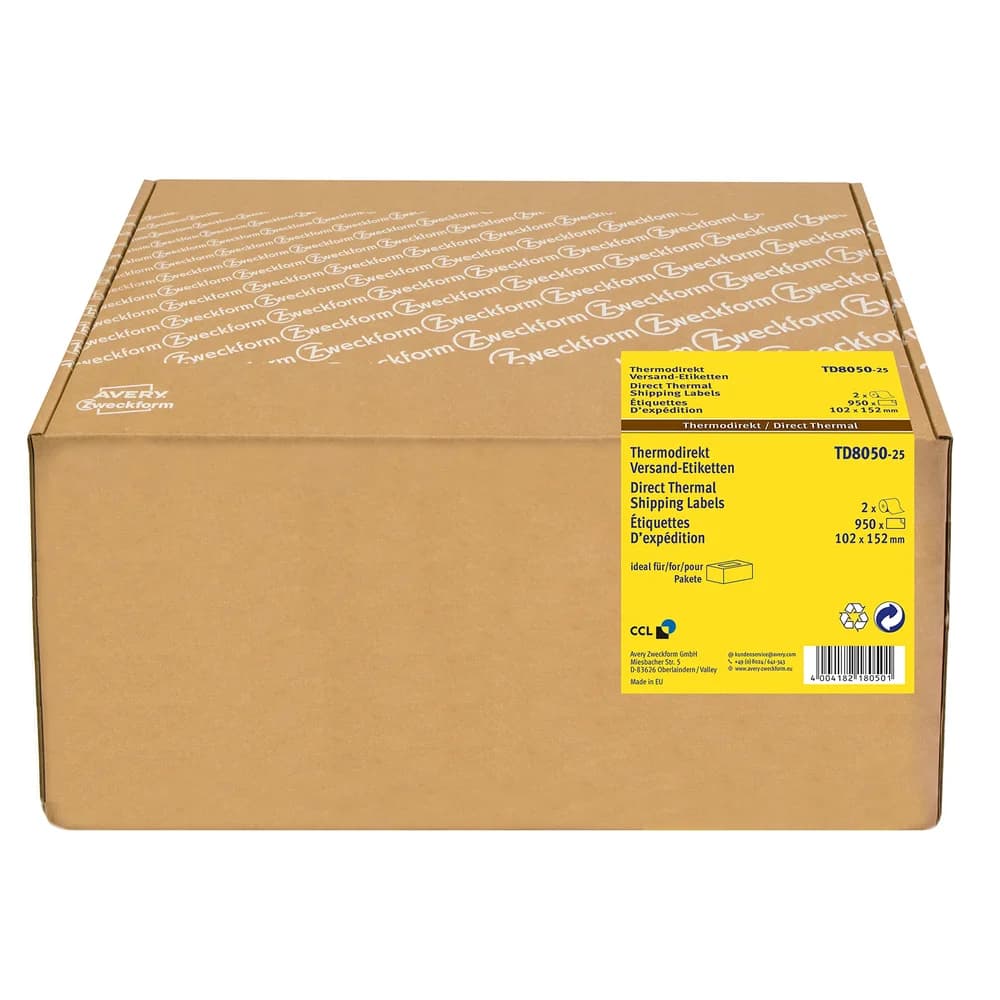 Avery Zweckform® TD8050-25 Thermoetikettrollen - 102 x 152 mm, permanent haftend, 2 Rollen = 950 Stück