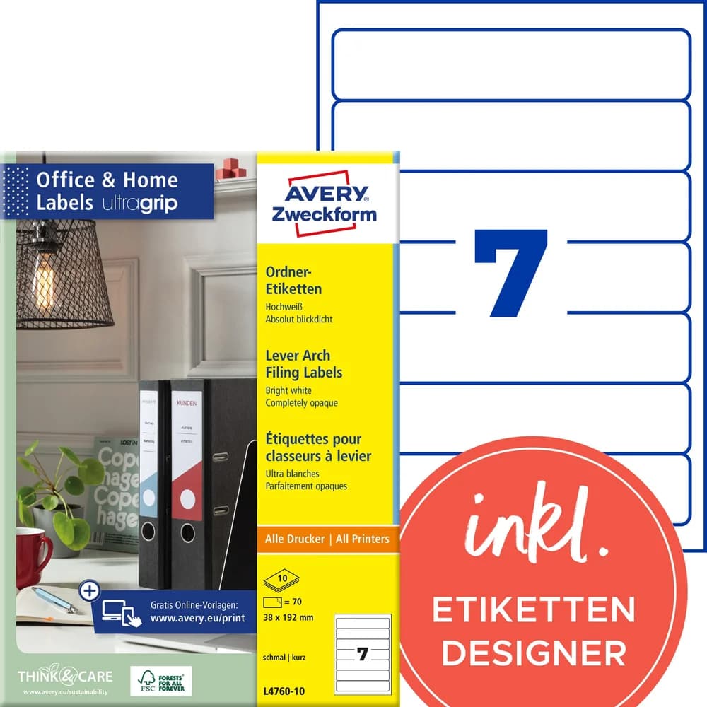 Avery Zweckform Etiketten L4760-10, 70 Ordner-Etiketten (38x192 mm), selbstklebend weiß