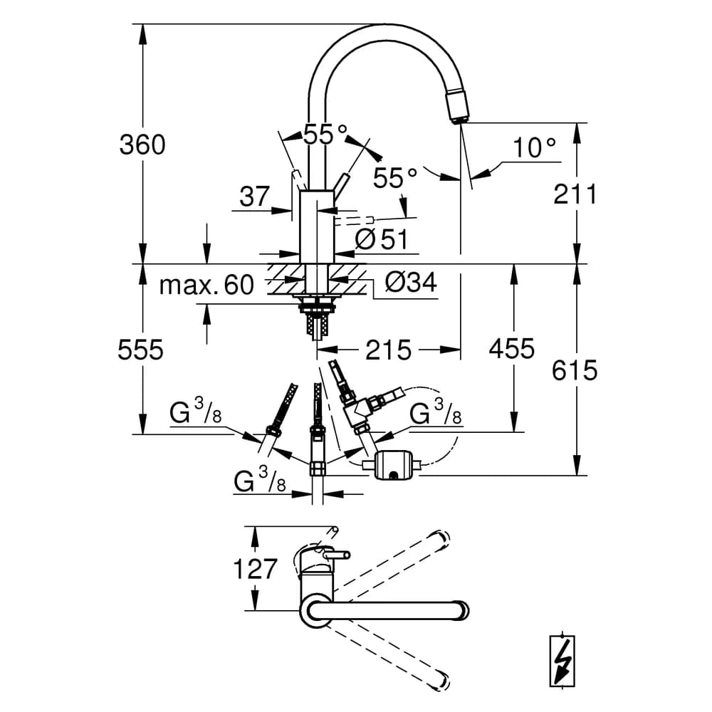 GROHE EH-SPT-Batterie Concetto 31212_3 Niederdruck h. Ausl. azb. L-brause chrom