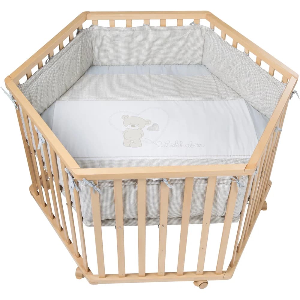 roba® Laufgitter Liebhabär, natur, 6-eckig, mit Stoffeinlage und Nestchen beige