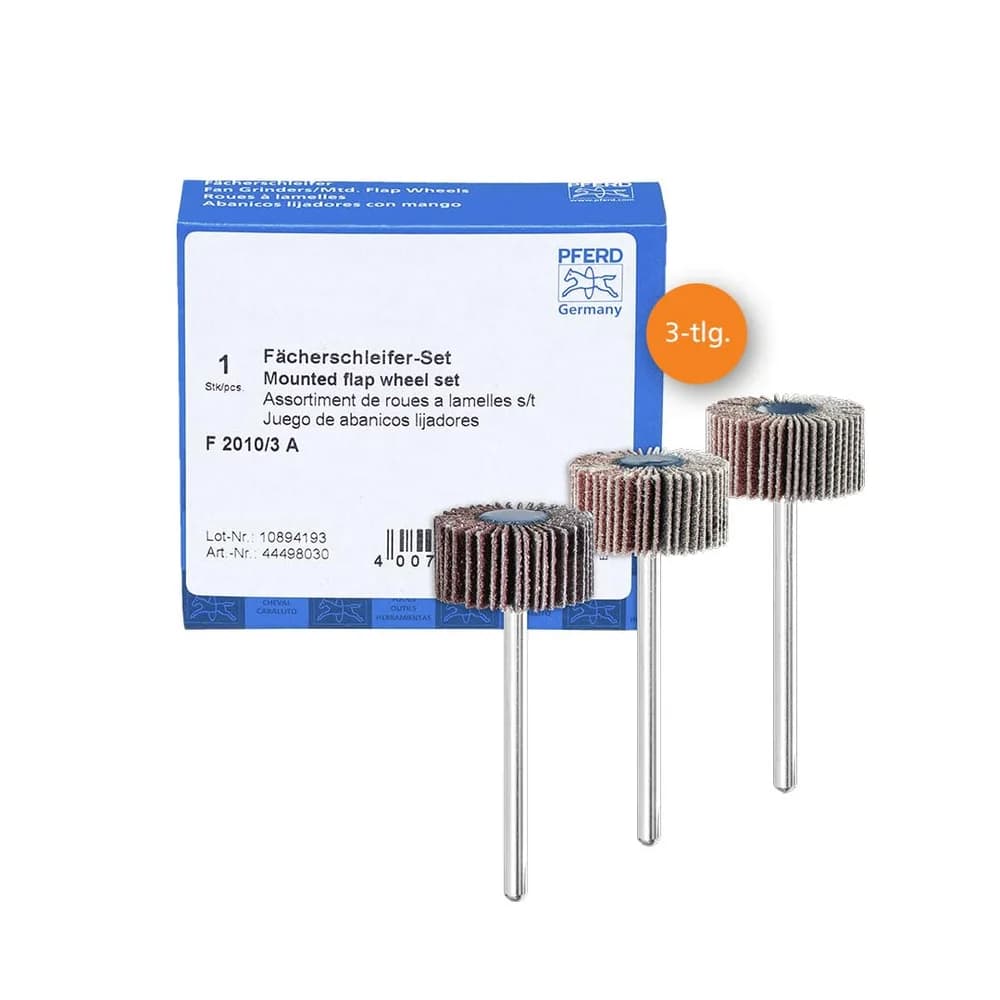 PFERD TOOLS Fächerschleifer-Set Korund Ø20x10mm Schaft-Ø3mm A 80,120 und 180 für Feinschliff& Finish