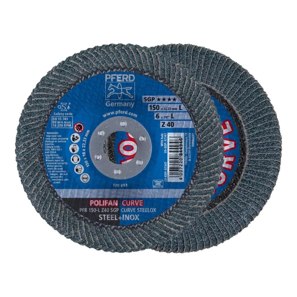 PFERD TOOLS POLIFAN CURVE Fächerscheibe PFR 150x22,23 mm Breite L Z40 SGP STEELOX für Stahl/Edelstahl