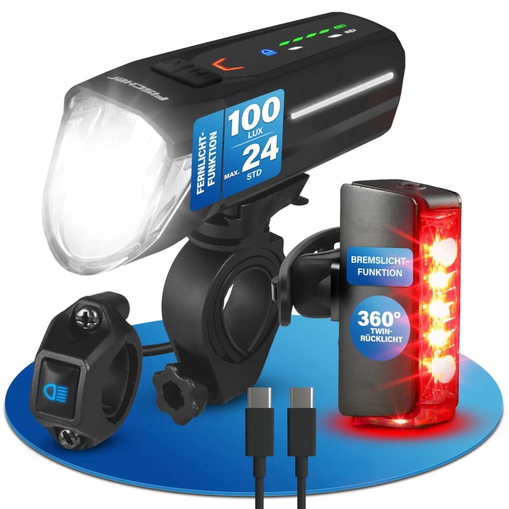 FISCHER Fahrrad Fahrradbeleuchtung LED-Akku-Bel. Set PLUS 100/180 Fernlicht + TWIN STOP schwarz