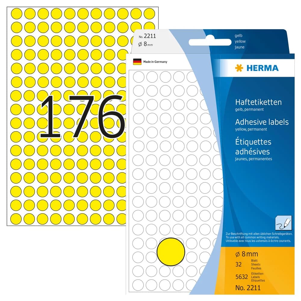 HERMA Farbige Markierungspunkte 2211 Gelb Rund Ø 8 mm 32 Blatt à 176 Etiketten