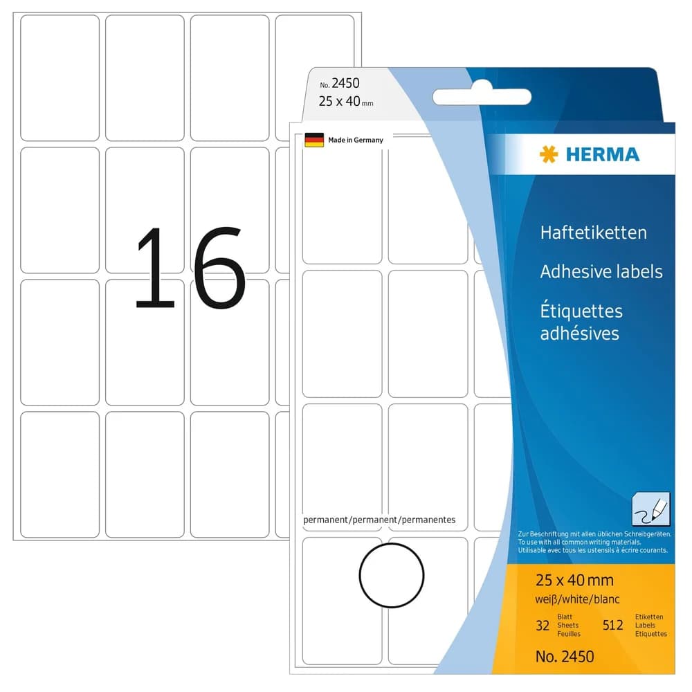HERMA Vielzwecketiketten 25 x 40 mm, 512 Etiketten, weiß, permanent haftend, für Handbeschriftung
