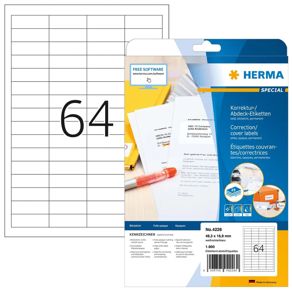 HERMA Korrektur-/Abdecketiketten 48,3 x 16,9 mm, 1600 Etiketten, weiß, blickdicht