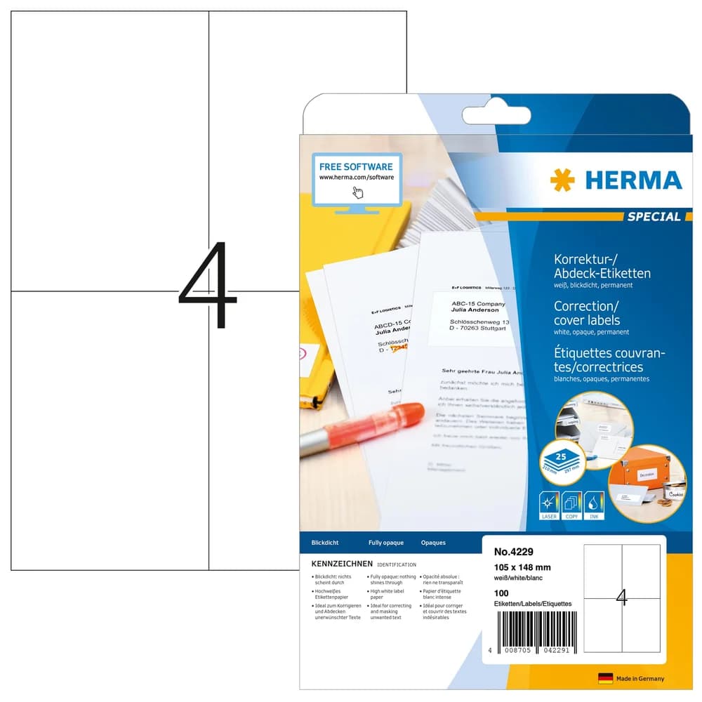 HERMA Korrektur-/Abdecketiketten 105 x 148 mm, 100 Etiketten, weiß, blickdicht