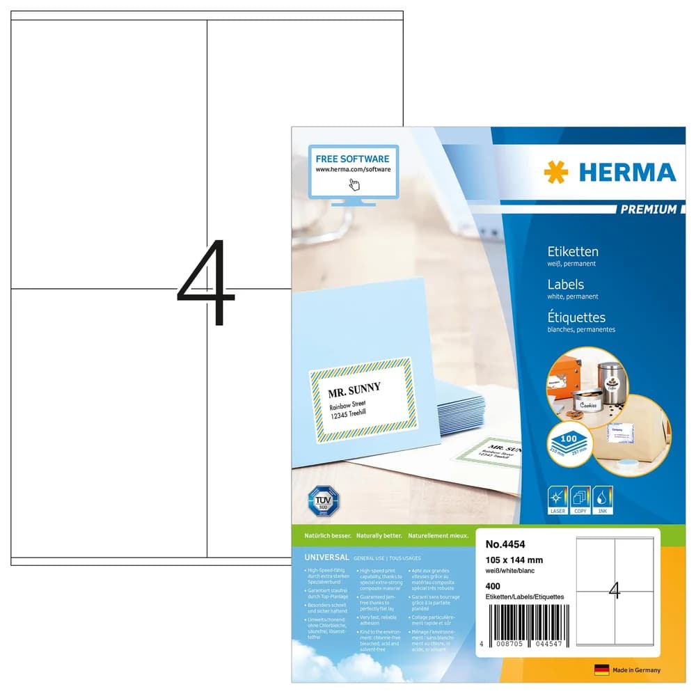 HERMA Universaletiketten 4454 Weiß DIN A4 105 x 144 mm 100 Blatt à 4 Etiketten