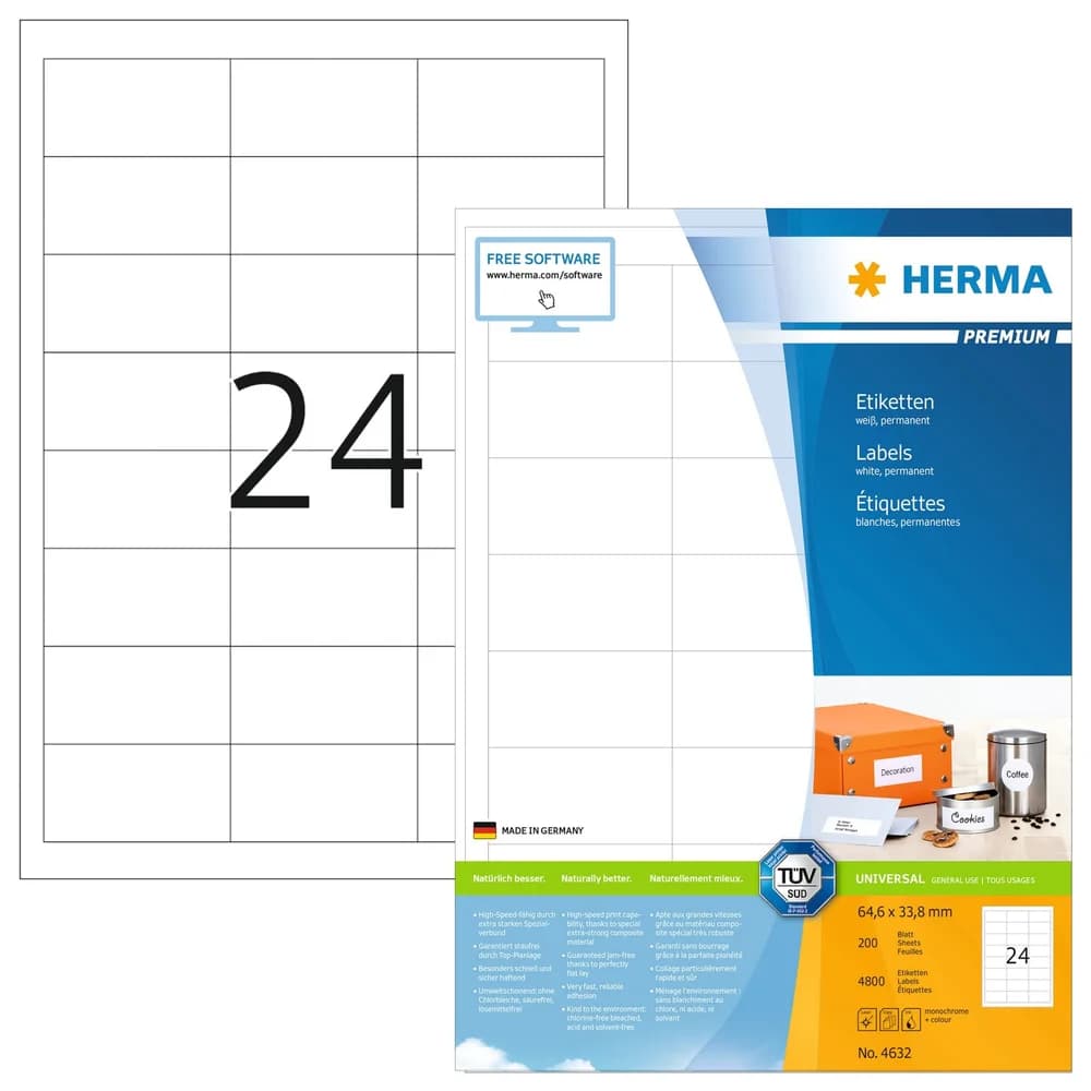 HERMA Etikett Premium 4632 64,6x33,8mm weiß 4.800 St./Pack.