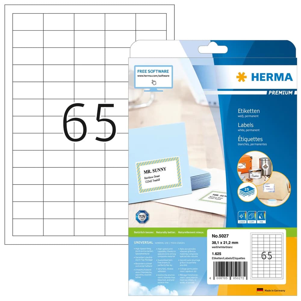 HERMA Etiketten Etiketten weiß 38,1x21,2mm Premium A4 VE=1625 Stück weiß