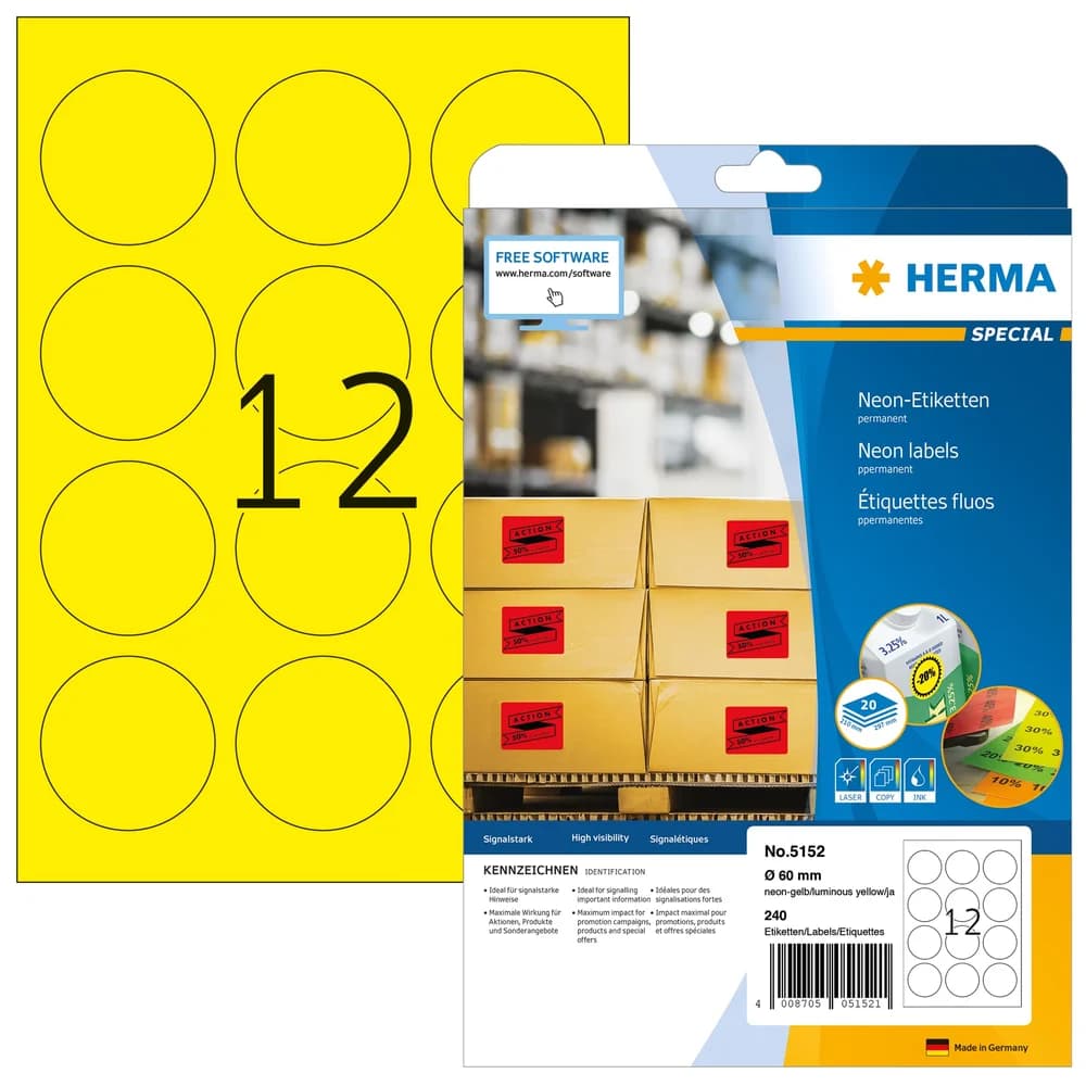 HERMA Neonetikett 5152 rund 60mm neongelb 240 St./Pack.