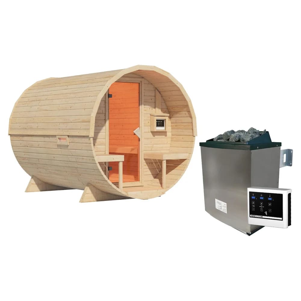 Karibu Saunahaus Außensauna Saunafass Fasssauna 2 unbehandelt Ofen 9 KW externe Strg easy 38mm Massivholz 224x299x229 cm