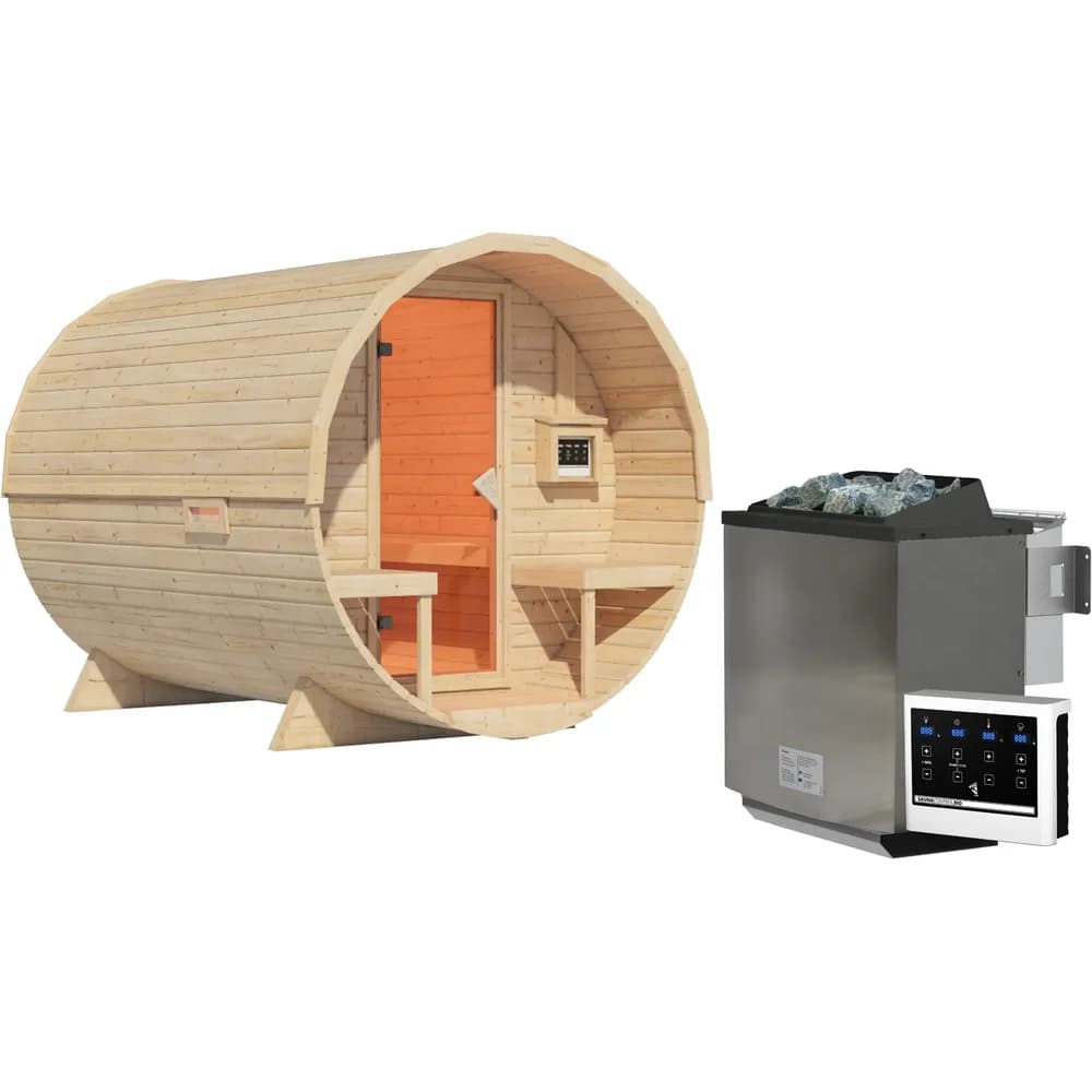 Karibu Saunahaus Außensauna Saunafass Fasssauna 2 unbehandelt Ofen 9 kW externe Strg easy 38mm Massivholz 224x299x229 cm