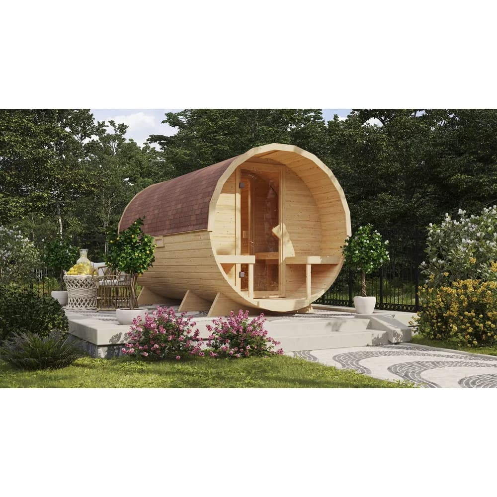 Karibu Saunahaus Außensauna Saunafass Fasssauna 3 unbehandelt Ofen 9 KW externe Strg easy 38mm Massivholz 224x389x229 cm