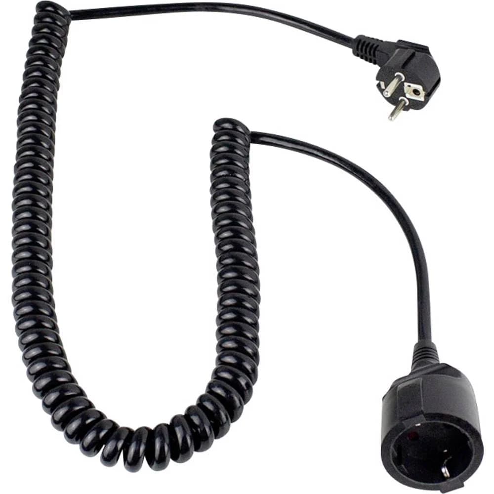 Schutzkontakt-Spiralkabel, 1m H05VV-F3G1,5 schwarz mit Winkelstecker, dehnbar bis 2,5m, IP20