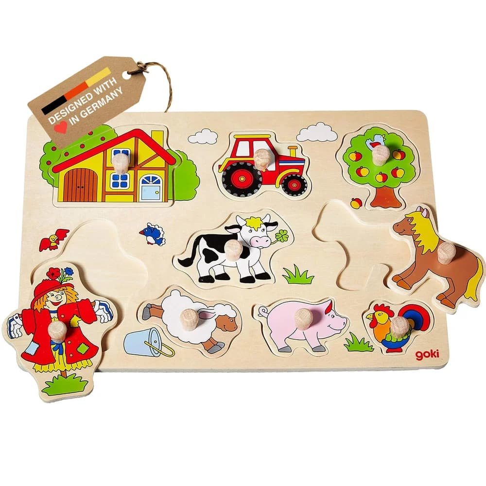 Gollnest & Kiesel Puzzle Goki 57995 - Steckpuzzle Bauernhof VI, 9-teilig, Holz, 30x21cm, Puzzleteile