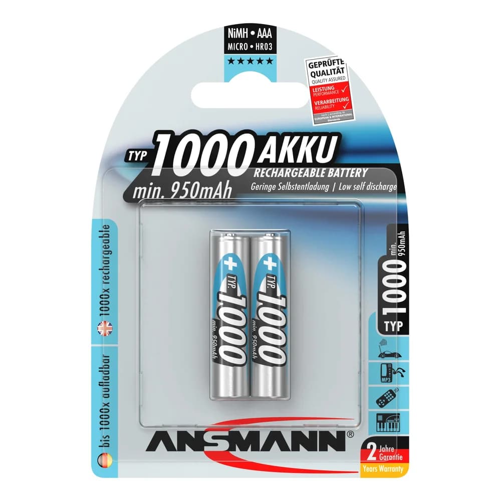 1x2 Ansmann NiMH Akku 1000 Micro AAA 950 mAh
