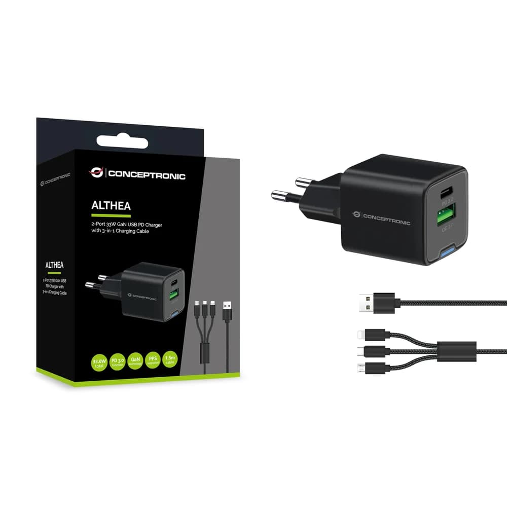 CONCEPTRONIC 2-Port 33W GaN USB-PD-Ladegerät mit 3-in-1-Ladekabel schwarz