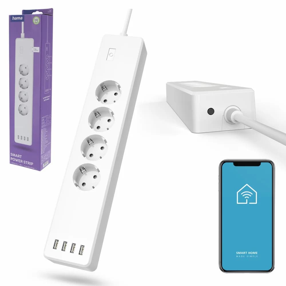 HAMA Smarte WLAN-Steckdosenleiste 4-fach, einzeln schaltbar, Überlastsch., 4xUSB