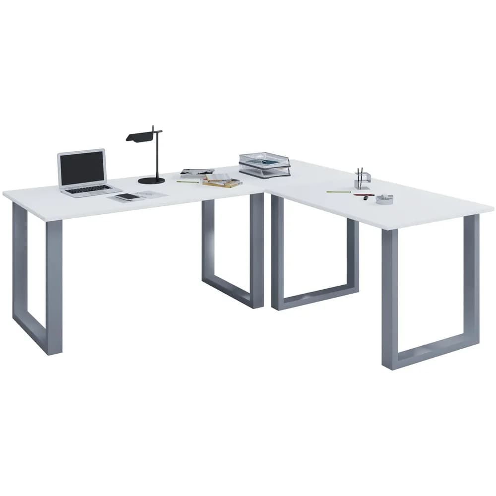 VCM Eck-Schreibtisch "Lona" 160x130x50 U-Füße Weiß/Silber