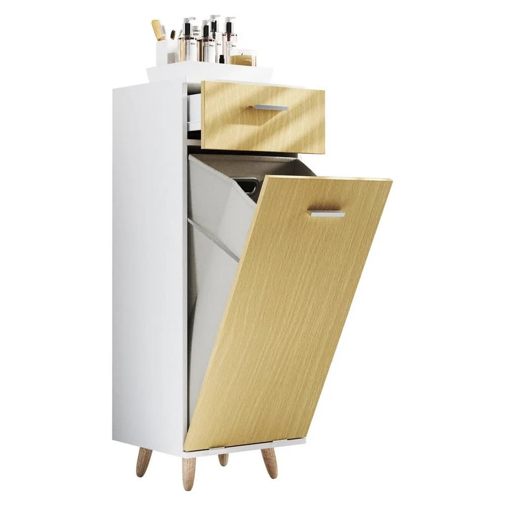 VCM Badmöbel Hochschrank Landos Weiß / Honig-Eiche H. 107 x B. 40 x T. 35 cm