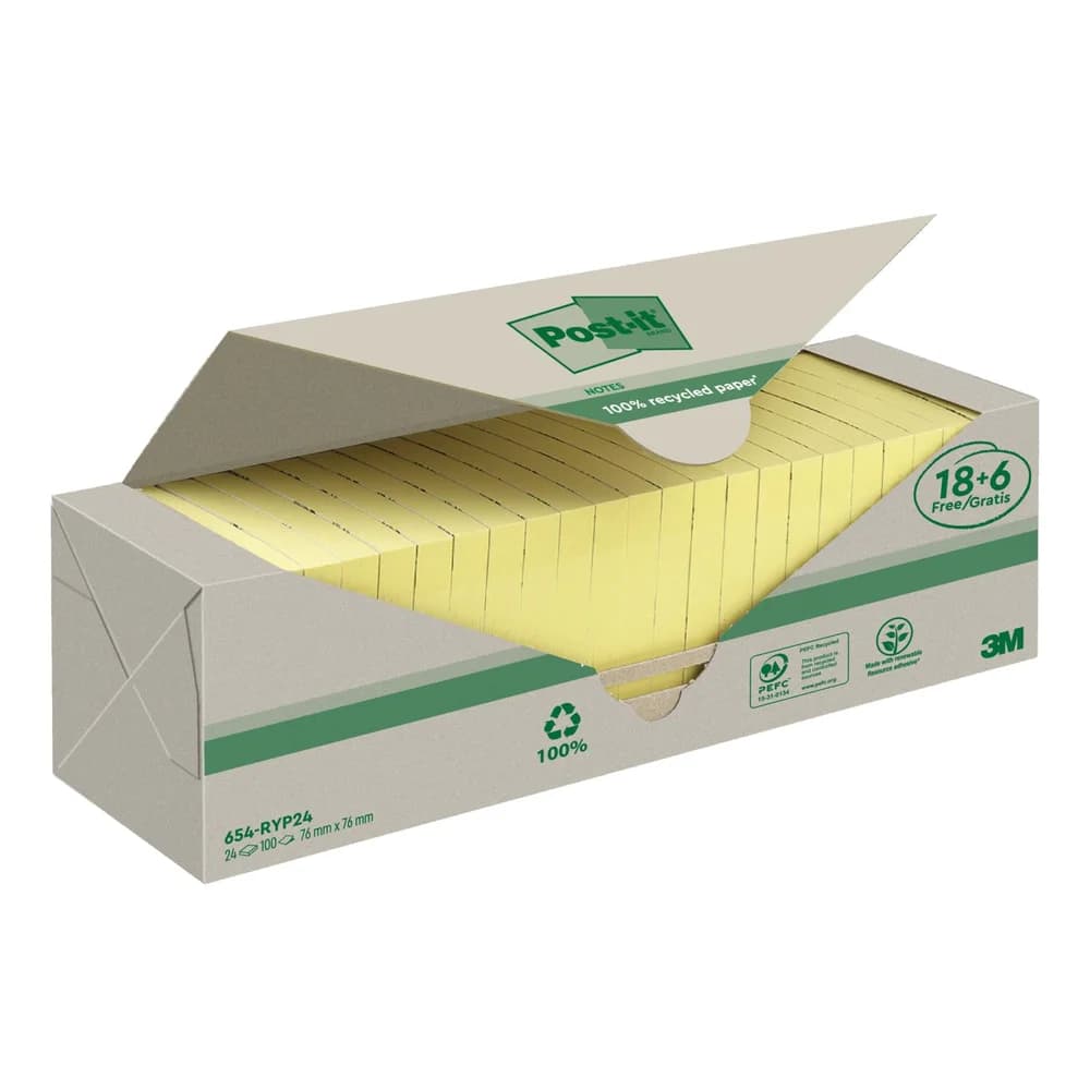 3M Post-it Recycling Notes 654RY18+6, 76 mm x 76 mm, gelb, 24 Blöcke à 100 Blatt