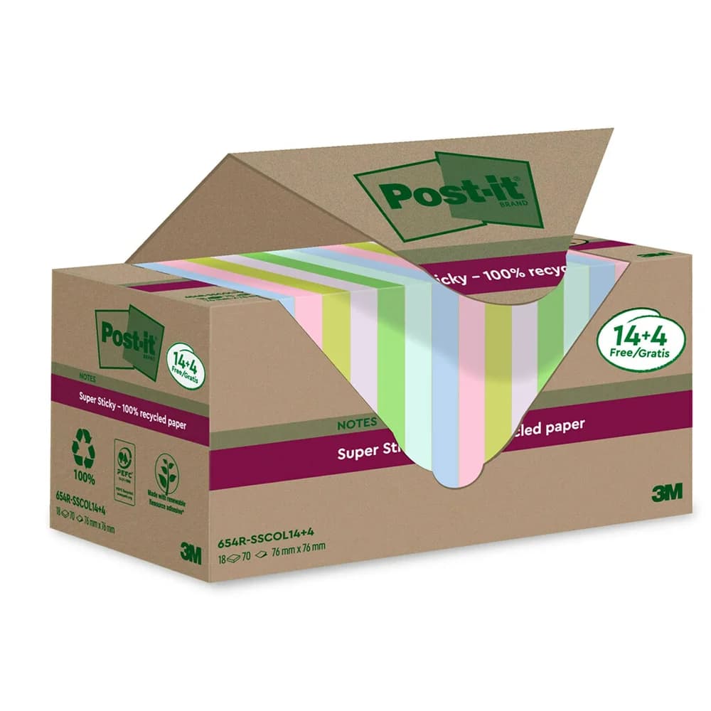 Post-it Notes Haftnotizblock Haftnotiz Super Sticky Recycling Notes 76x76mm 70 Blatt sortiert VE=18