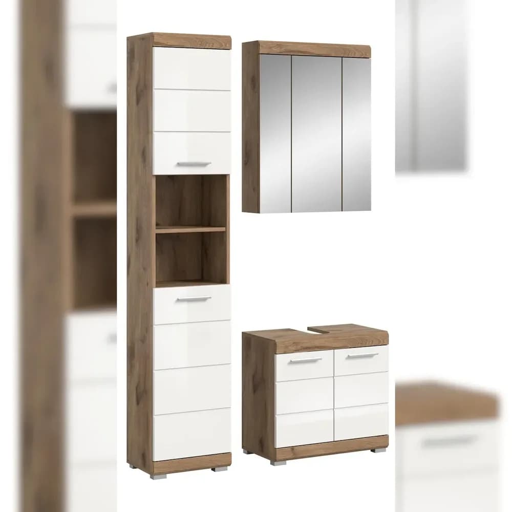 Ebuy24 Wave Badmöbelset W4 Weiß hochglanz, Eiche Dekor.
