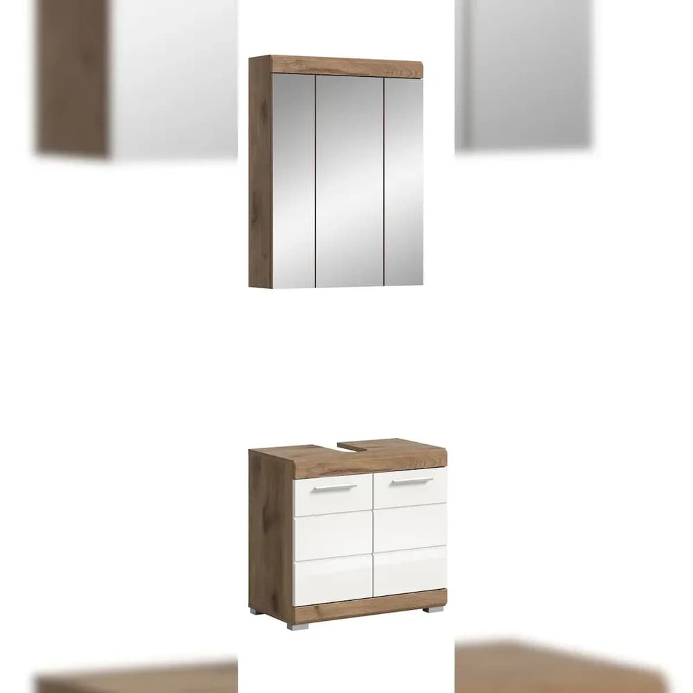 Ebuy24 Wave Badmöbelset W1 Weiß hochglanz, Eiche Dekor.