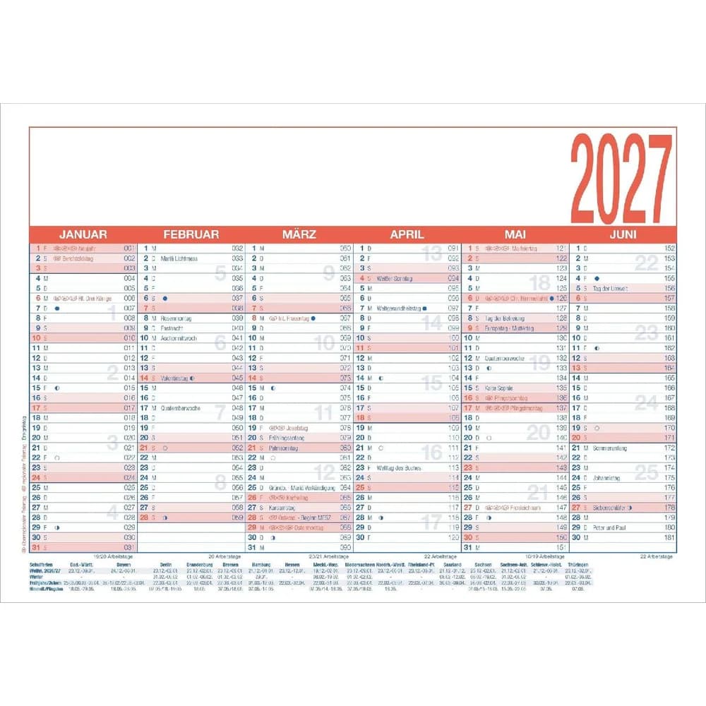 Wandkalender ZETTLER Arbeitstagekalender kaschiert A4 2027