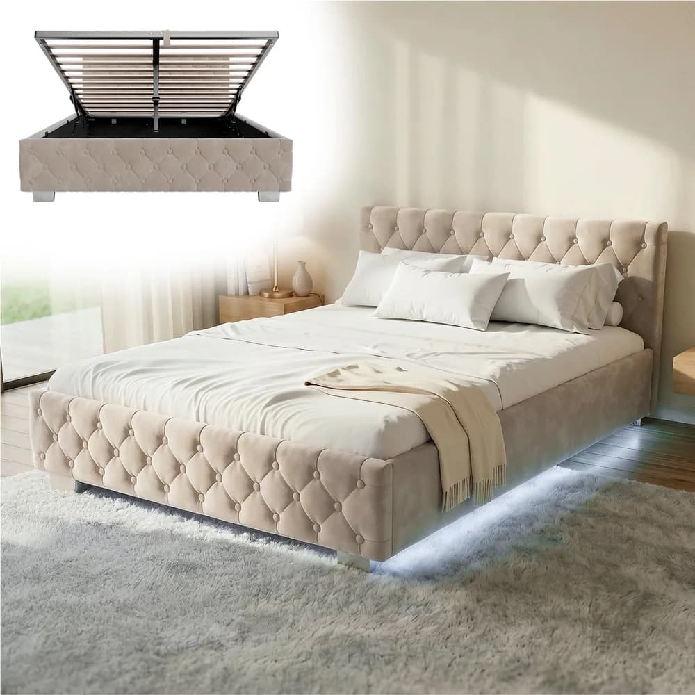 JUSKYS Polsterbett »Nizza« mit Bettkasten und Beleuchtung (Beige, 140 x 200 cm)