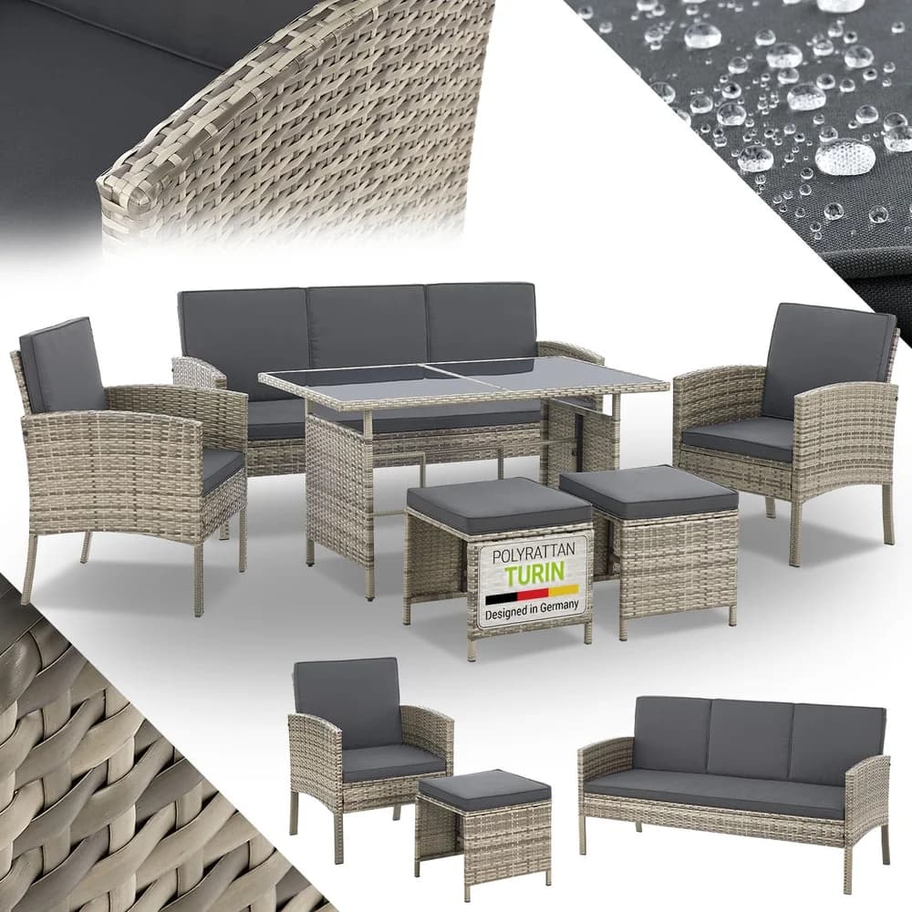 JUSKYS Polyrattan Gartenmöbel Sitzgruppe Turin (Dunkelgrau)