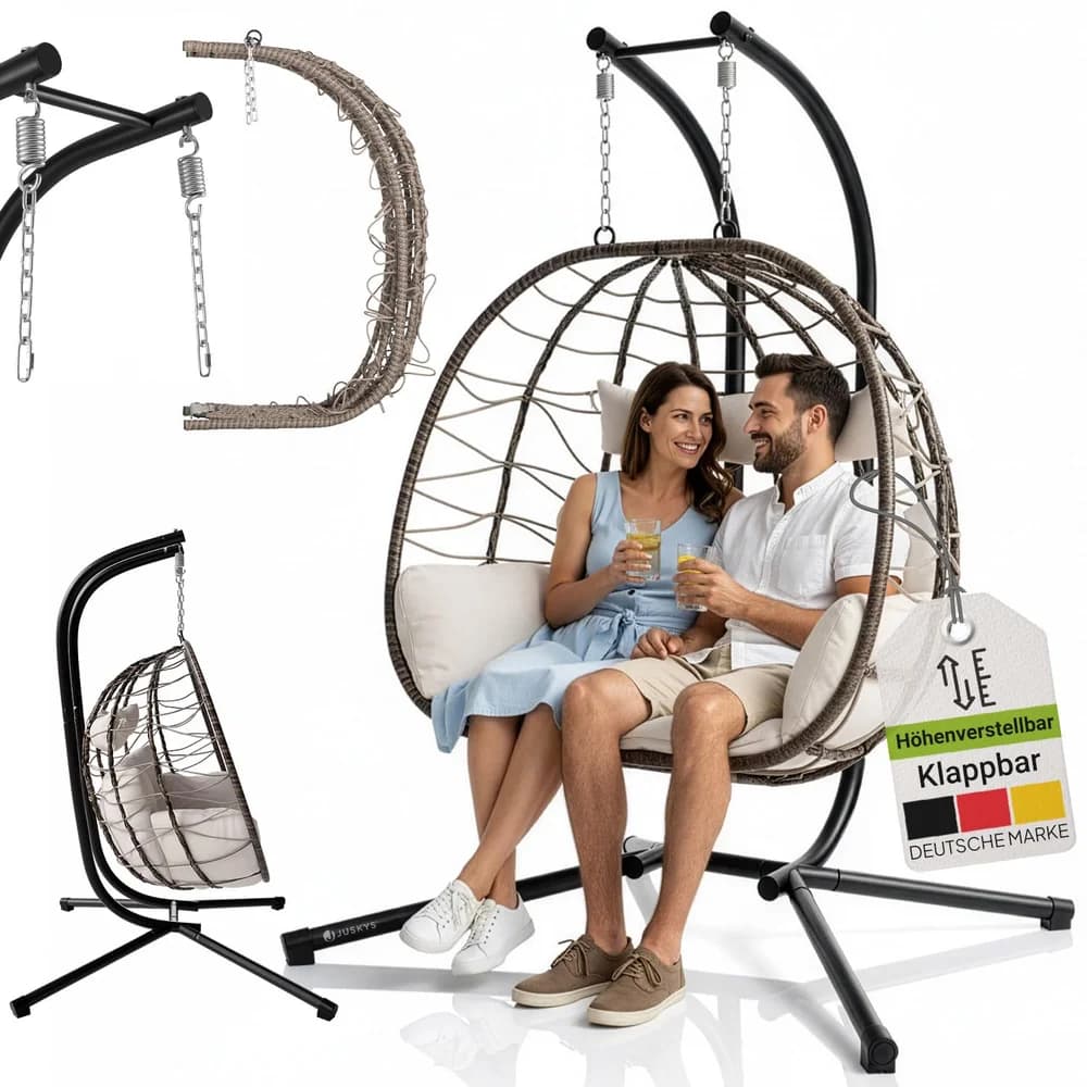 JUSKYS Doppel Hängesessel Aria aus Polyrattan mit Gestell (Beige)