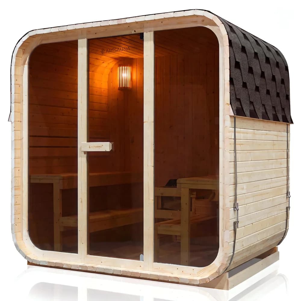 Artsauna Cube Fasssauna Fjora L für 6 Personen, mit 9kW Ofen, Glasfront & Zubehör
