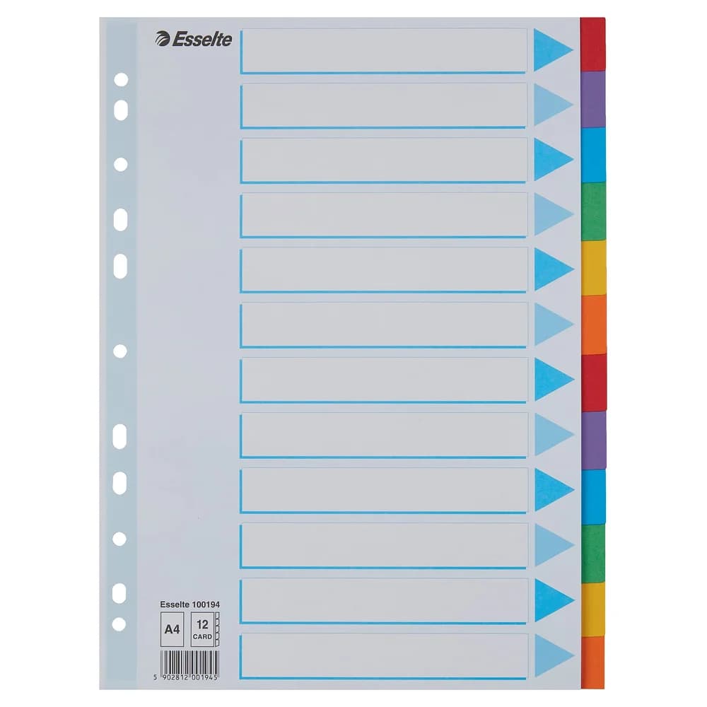 Esselte Register - blanko, Karton, A4, 12 Blatt, weiß, farbige Taben