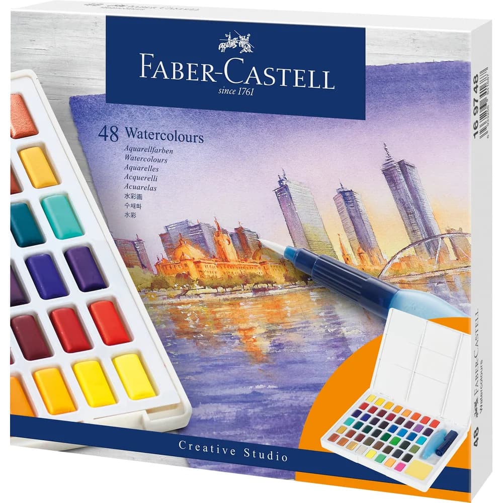 Faber-Castell Aquarellfarben in Näpfchen, 48er Etui inkl. Wassertankpinsel