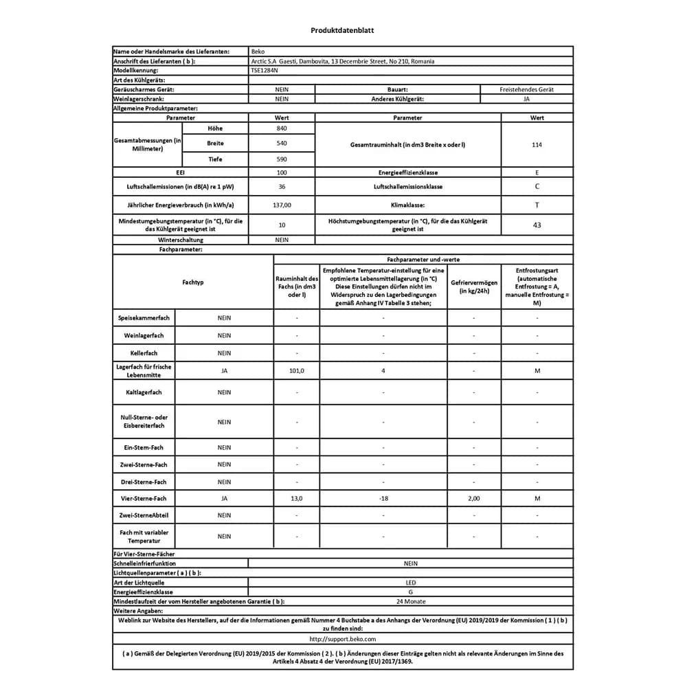 BEKO TSE1284N Kühlschrank (114 l, E, 840 mm hoch, Weiß)
