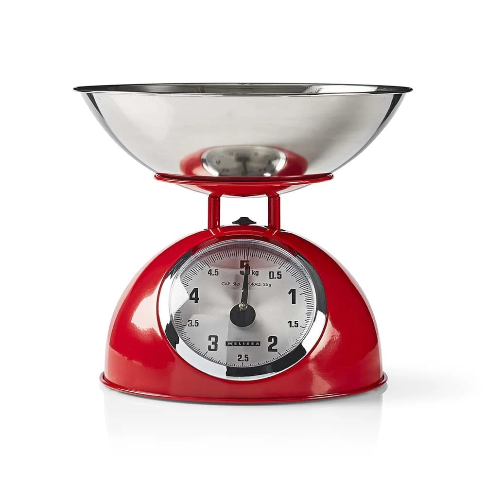 Melissa 16310239 Analoge Küchenwaage Retro bis 5 kg Edelstahlschüssel Metall Rot
