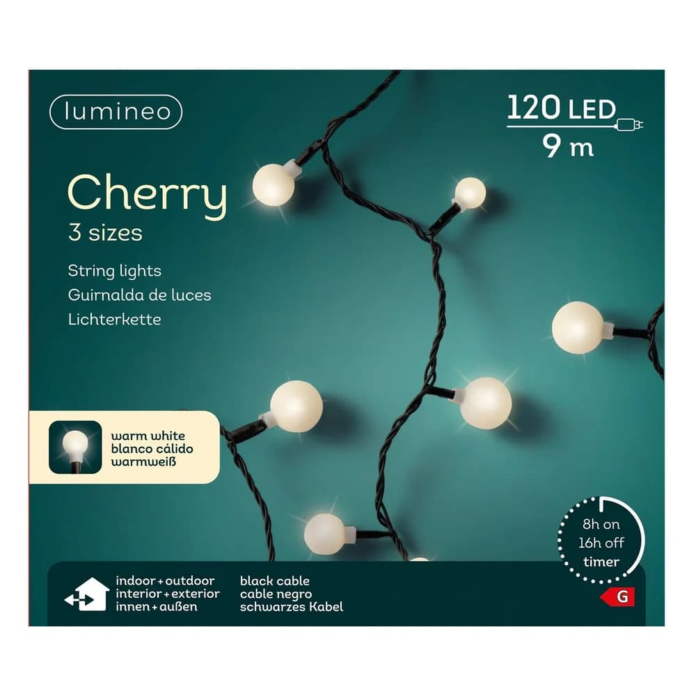 Lumineo Girlande „Cherry“ LED-Leuchten in drei Größen, 14 m, 120 LEDs, warmes Außenlicht