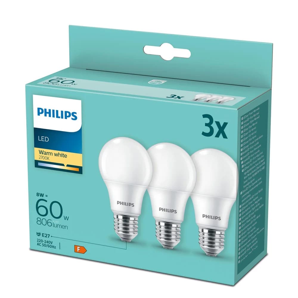 PHILIPS LED E27 8,5W (60W) 806lm matt 3er Pack aqua