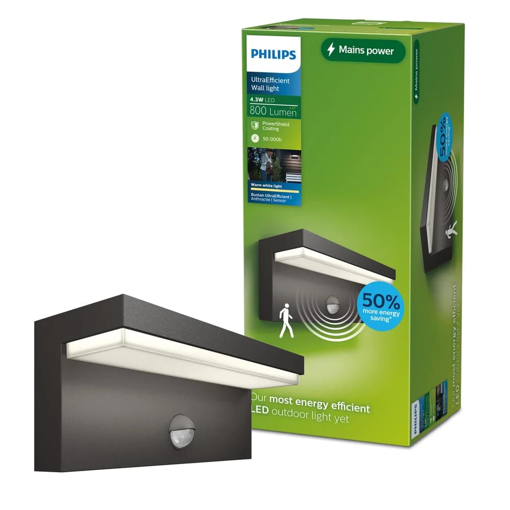 Garten LED Wandleuchte BUSTAN 3.8W Bewegungssensor 2700K Warmweiß IP44 Anthrazit PHILIPS