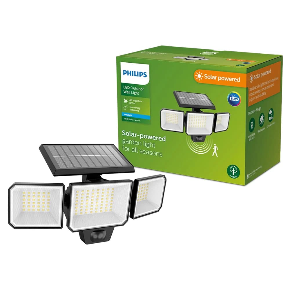 Philips LED Solar Wandleuchte Nysil Schwarz 3x 2,9W IP65 mit Bewegungsmelder